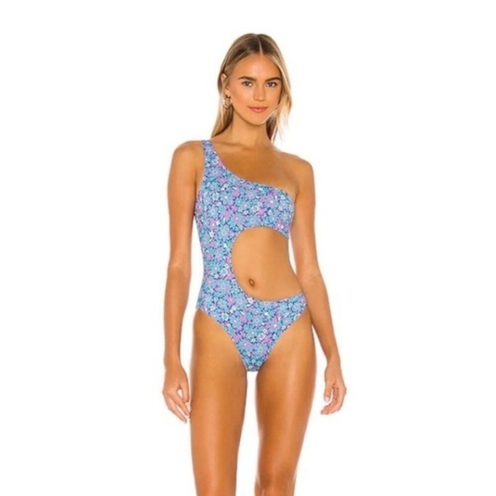 FRANKIES BIKINIS Cash One Piece Swimsuit Bikini Floral Blue Medium Cutout